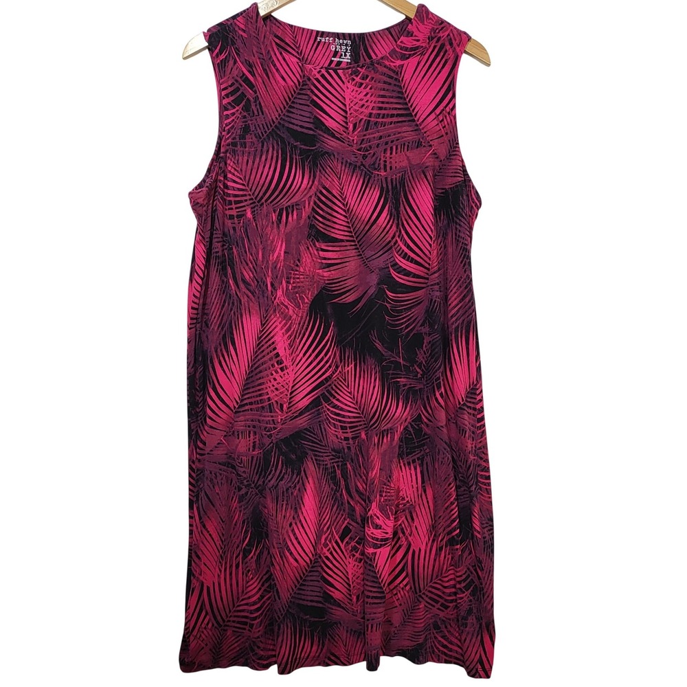 Ruff Hewn Grey Womens 1X‎ Pink Tropical Palm Leaf Sleeveless Shift Dress Jersey